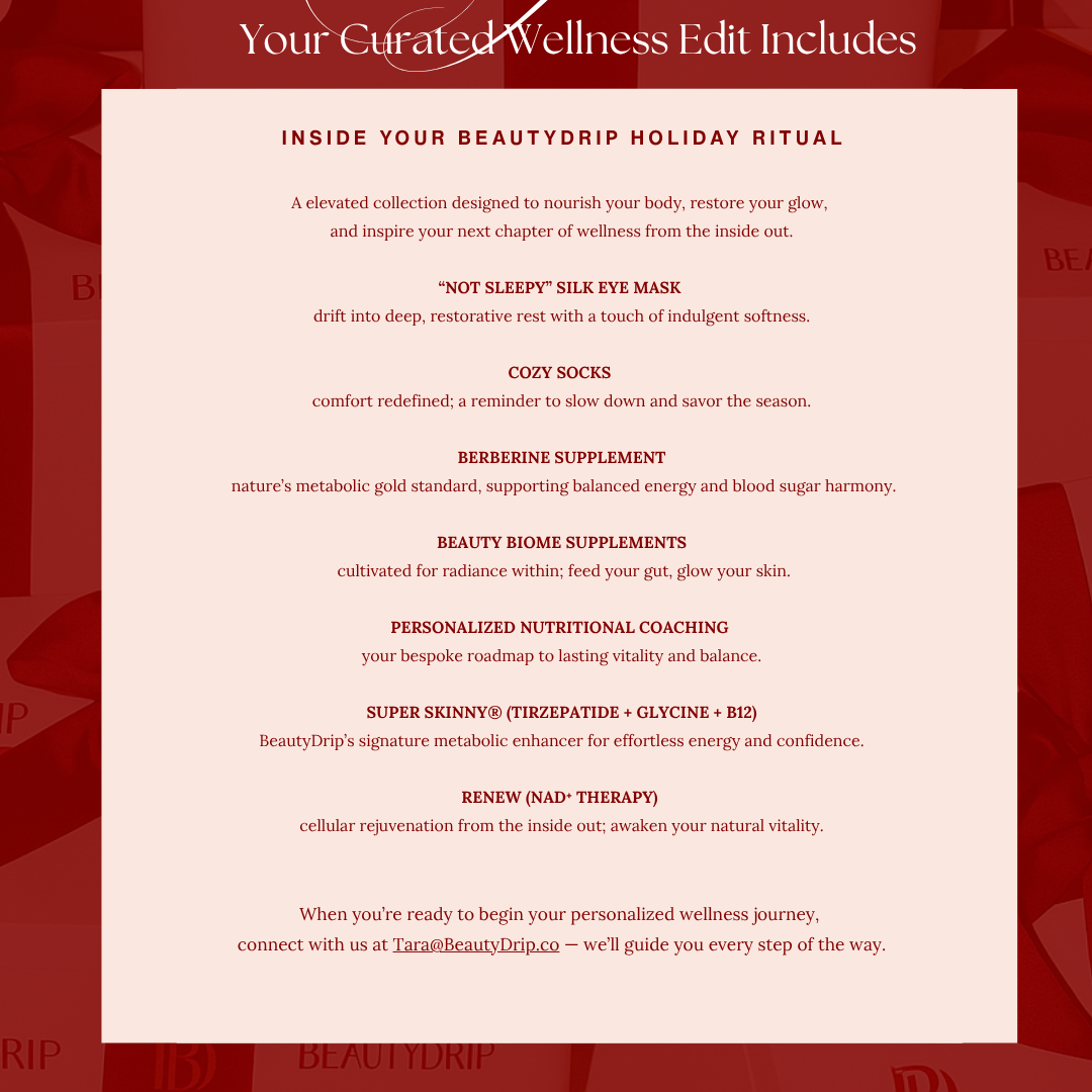 Promotional image for BeautyDrip Holiday Box with product details on a red background