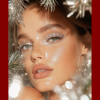 Woman with glittery makeup surrounded by festive decorations
